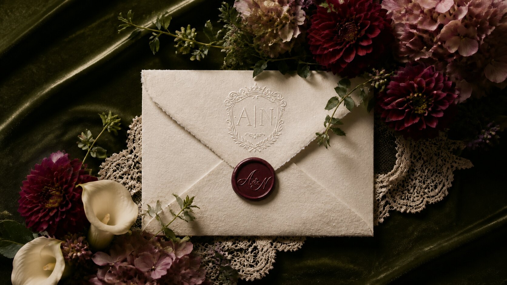 Nate and Angie crest embossed on an ivory wedding envelope with an A and N burgundy wax seal