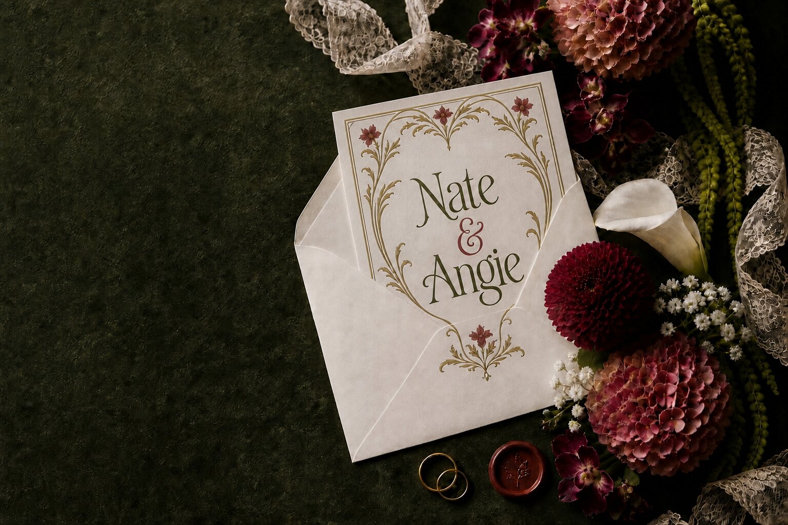Art Nouveau Nate and Angie invitation, flowers and lace arranged on deep green velvet